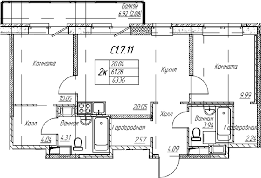 2-комнатная квартира 63.36 м², 7/22 эт., ЖК «Парк-квартал Юнтолово»